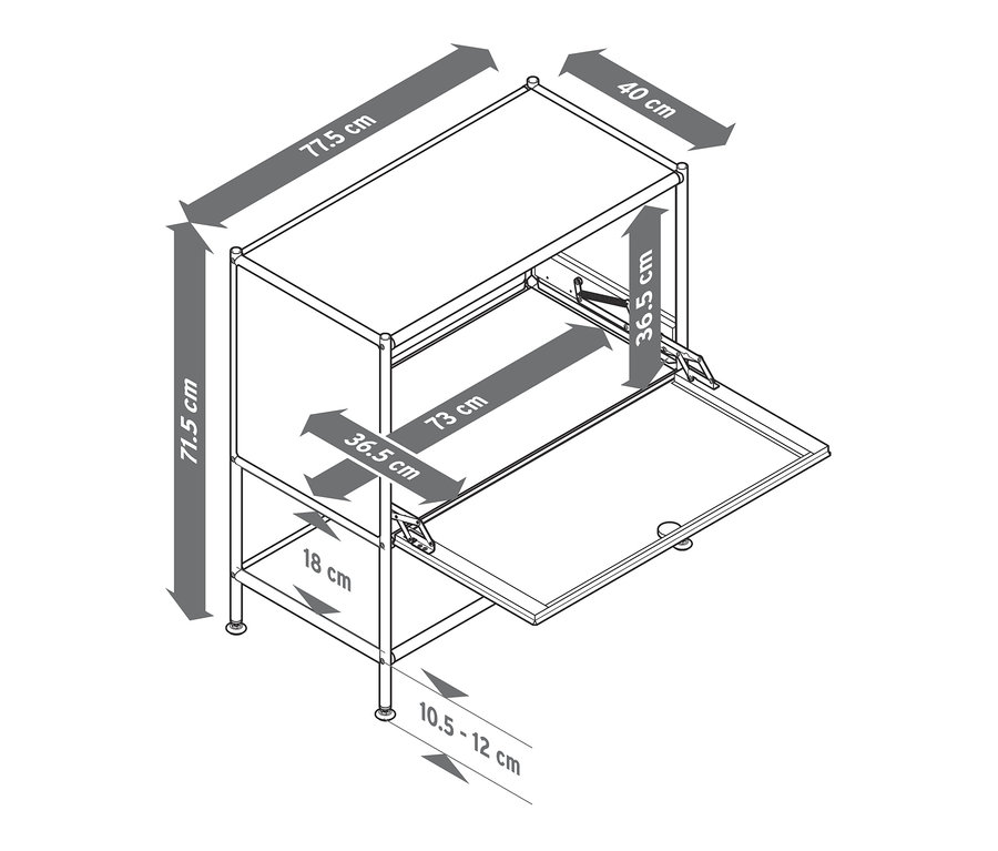 Náčrt bielej odkladacej skrinky »CN3« s jednými výklopnými dvierkami a uvedenými rozmermi.