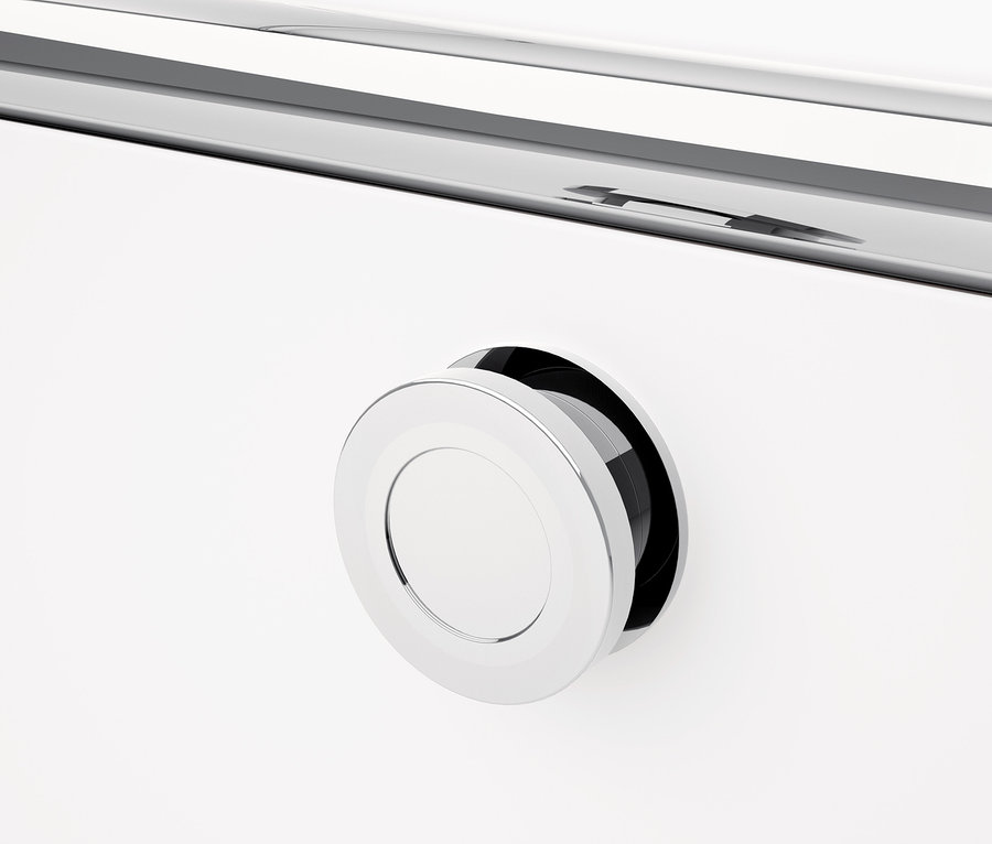 Detail bieleho kovového nábytku CN3 s okrúhlou rukoväťou.