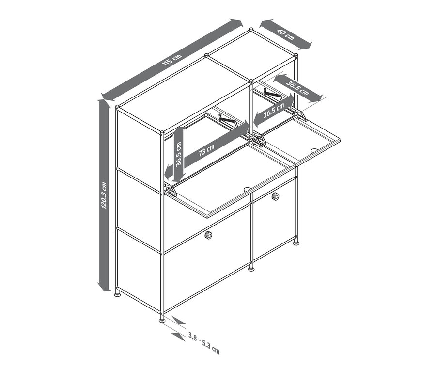 Rozmery komody »CN3« so 6 výklopnými dvierkami.
