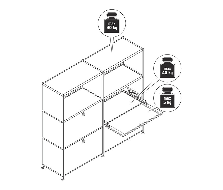 Nákres kovovej komody »CN3« s premiestniteľnými výklopnými priečinkami. Maximálne zaťaženie hornej police je 40 kg, police s výklopnými priečinkami 5 kg.