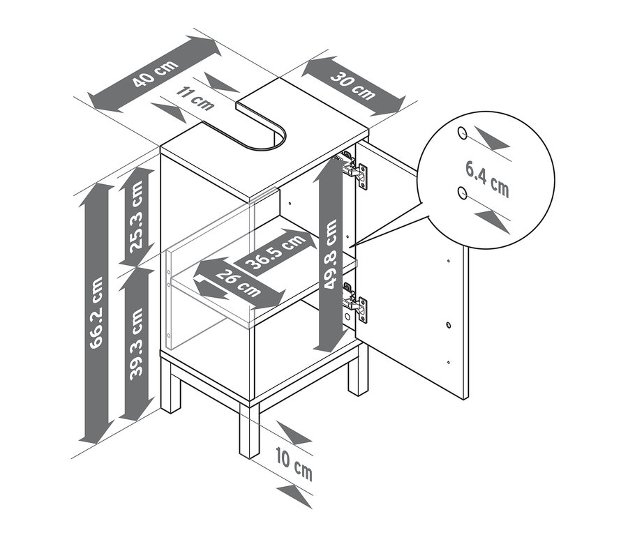Rozmery malej skrinky pod umývadlo »Eklund«.