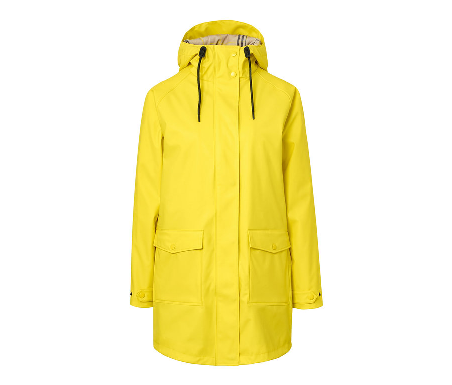 Žltá parka do dažďa »Friesennerz« s kapucňou a vreckami.
