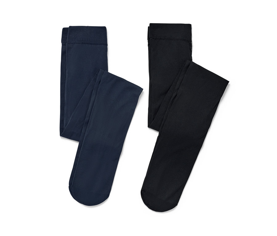 Dvoje detské nylonové pančuchy: jedny tmavomodré a jedny čierne.
