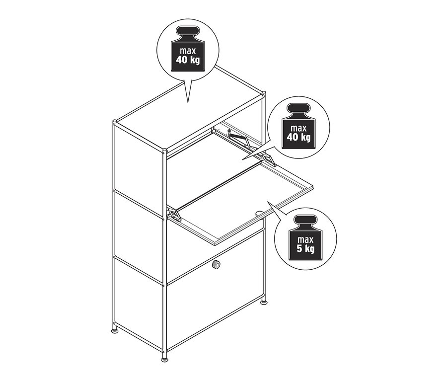 Nákres komody »CN3« s 3 výklopnými priečinkami, pričom horný a stredný sú otvorené. Maximálne zaťaženie je 40 kg pre horné dva a 5 kg pre spodný.