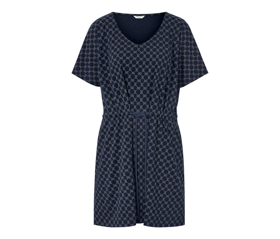 Tmavomodrá plážová tunika s krátkymi rukávmi a vzorom.