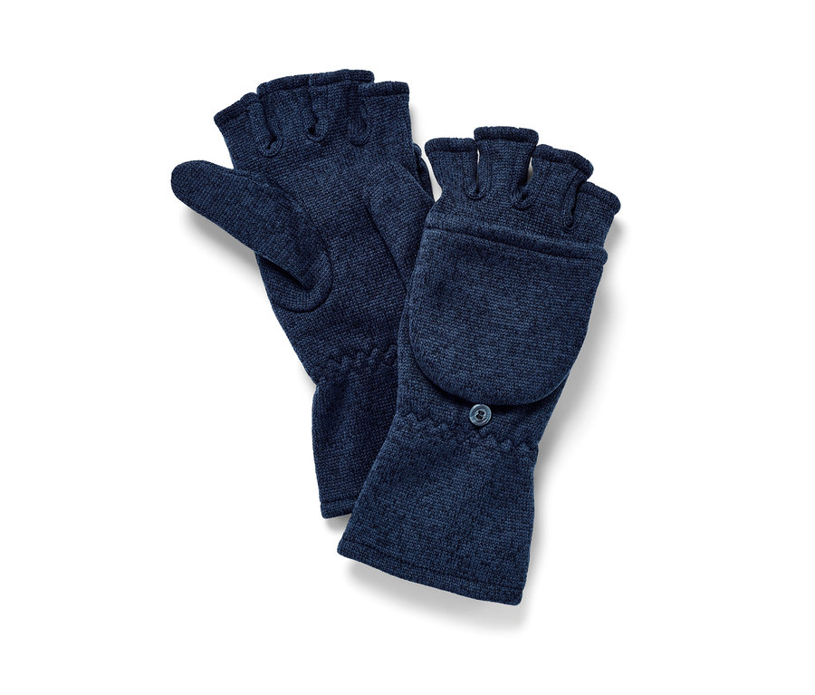 Dve tmavomodré odklápacie palčiaky z pleteného flaušu.