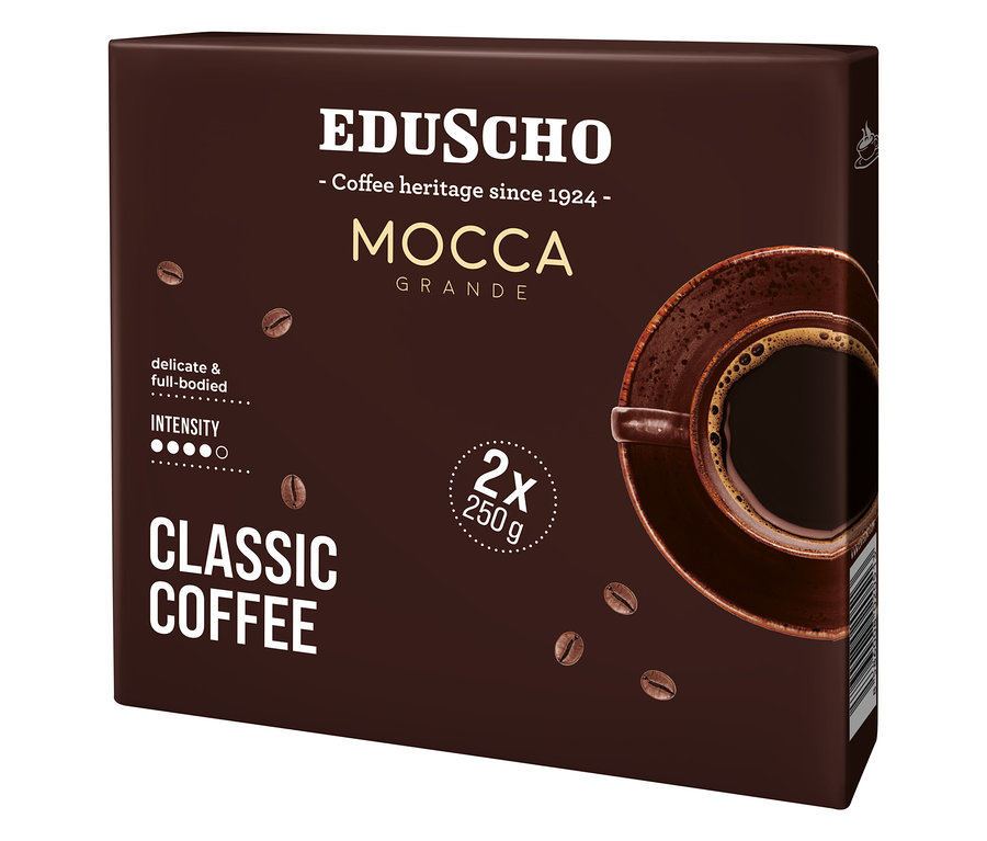 Balenie mletej kávy Eduscho Mocca Grande s obrázkom šálky kávy.