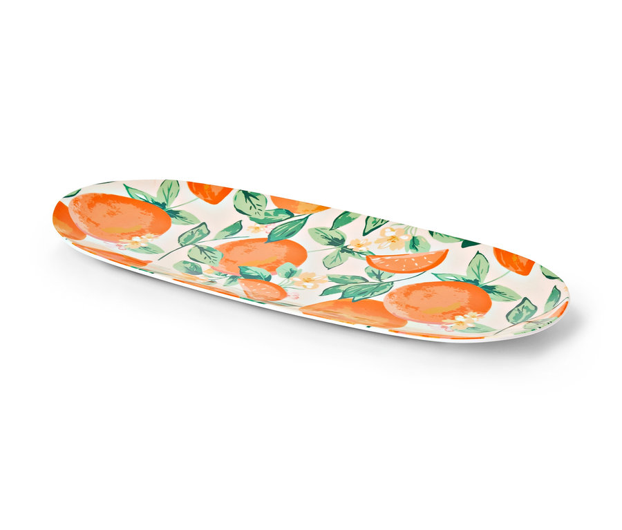 Oválna servírovacia misa s potlačou pomarančov a kvetov.