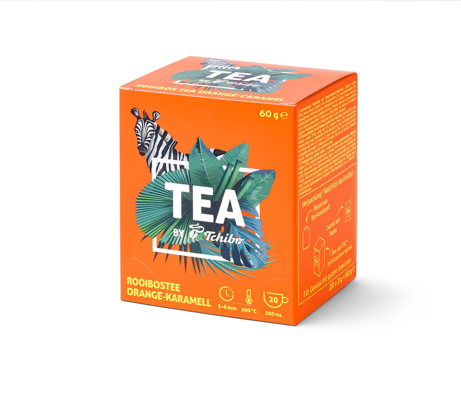 Oranžová krabička čaju TEA by Tchibo Rooibos s príchuťou pomaranča a karamelu - 8 x 20 čajových vrecúšok.