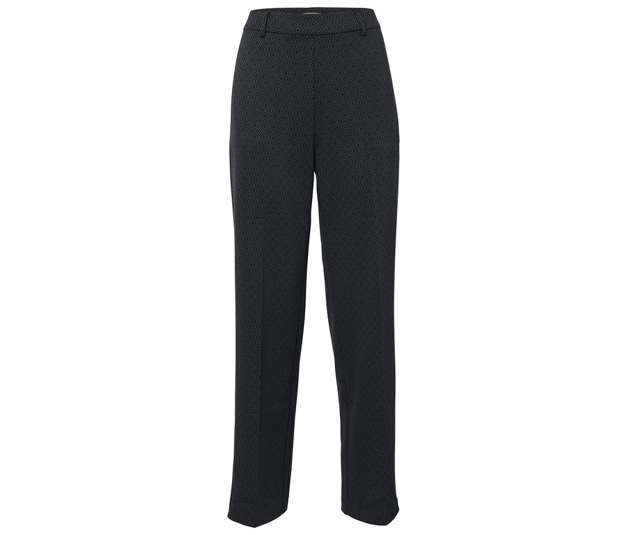 Čierne nohavice s geometrickým vzorom.