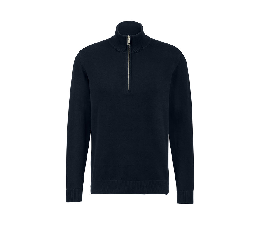 Tmavomodrý pulóver z hrubej pleteniny so zipsom.