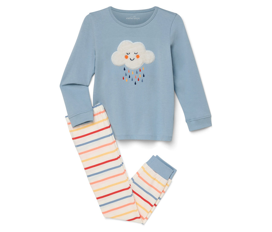 Modré pyžamo s dlhým rukávom a pruhovanými nohavicami.