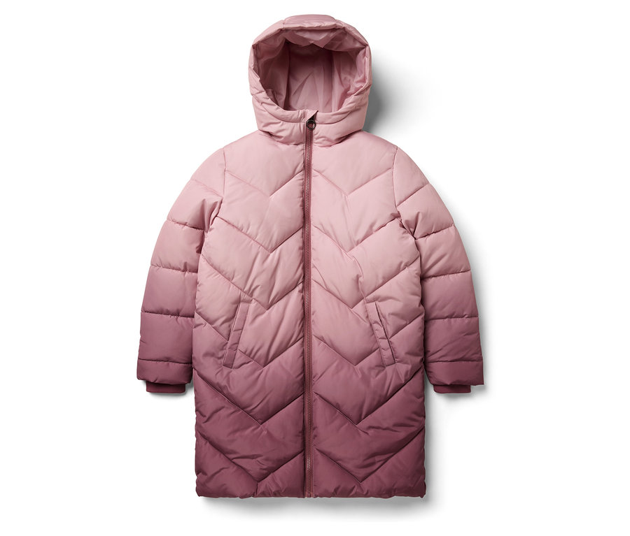 Ružová prešívaná bunda s kapucňou a zipsom.