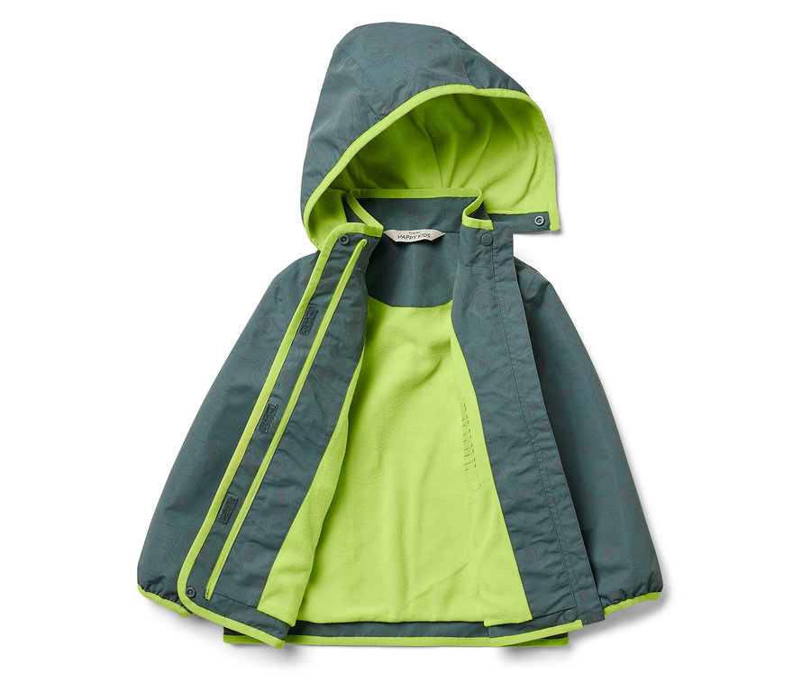 Zelená bunda s kapucňou a sivým vzorom.