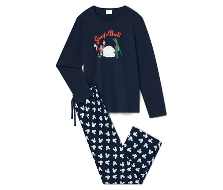 Súprava tmavomodrého pyžama s dlhým rukávom a nohavíc s potlačou Mickey Mouse.