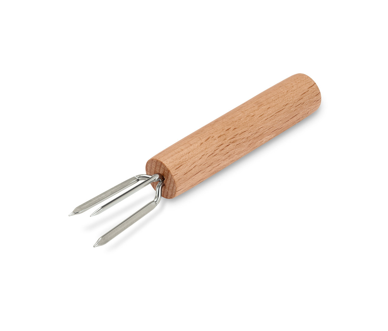 Jeden držiak na kukuricu s drevenou rukoväťou a dvoma striebornými hrotmi.