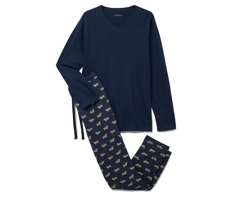 Súprava tmavomodrého pyžama s dlhým rukávom a nohavicami so vzorom jazvečíkov.