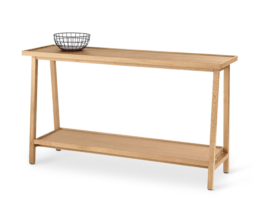 Konzolový stolík s 2 odkladacími plochami. Na vrchnej doske stolíka je umiestnená drôtená miska.