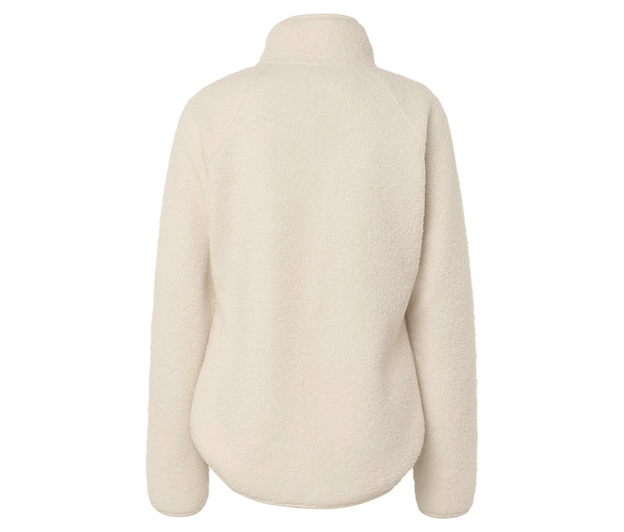 Pohľad zozadu na krémovú fleecovú mikinu na zips.