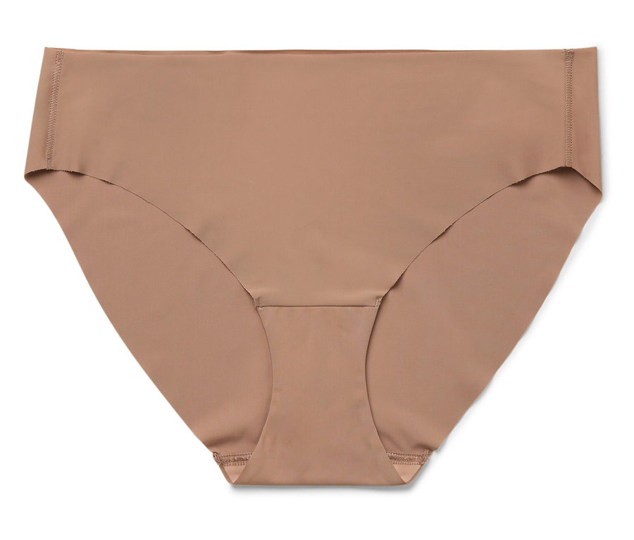 Dámska spodná bielizeň vo svetlohnedom odtieni, izolovaná na bielom pozadí.