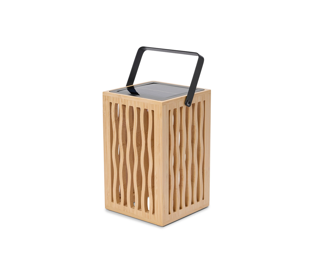 Štvorcová lampa zo svetlého dreva s čiernou rukoväťou na vrchu a solárnym panelom na vrchu.