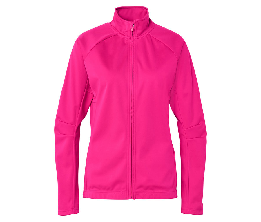 Ružová fleecová bunda s plným zipsom zobrazená na bielom pozadí.