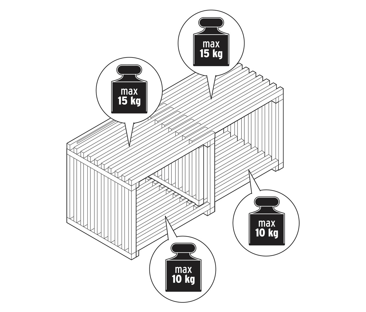 Pohľad zhora na rozkladací konferenčný stolík s údajmi o hmotnosti.