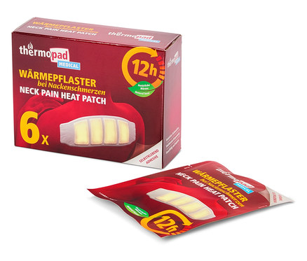 Je vidieť balenie a jednu náplasť Thermopad MEDICAL na bolesť krčnej chrbtice.