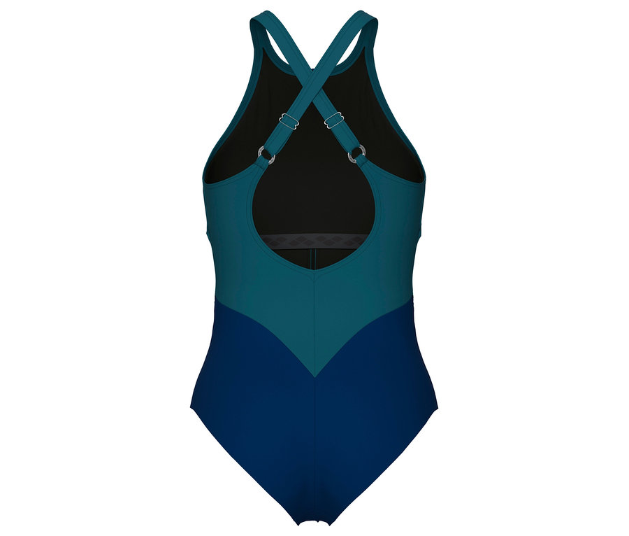 Pohľad zozadu na námornícko-tyrkysové plavky so skríženými ramienkami.