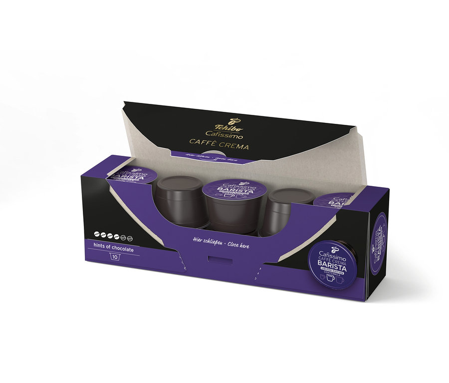 Otvorené balenie Cafissimo BARISTA Caffè Crema Guatemala – 10 kapsúl s hnedými kapsulami vnútri.