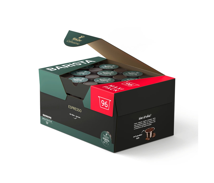 Otvorené balenie Tchibo Cafissimo BARISTA Espresso s 96 kapsulami, tmavozelené a čierne s červenými akcentmi.