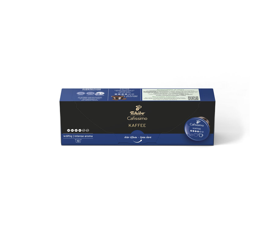 Tmavomodré balenie kávy Cafissimo káva silná s 10 kapsulami, s nápisom "kräftig | intense aroma" a "Hier öffnen".