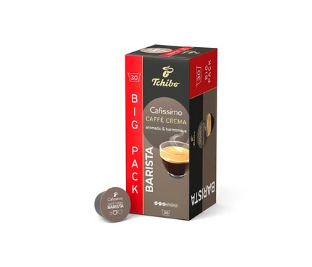 Balenie kávových kapsúl Tchibo Cafissimo Caffe Crema Barista stojí na bielom pozadí.