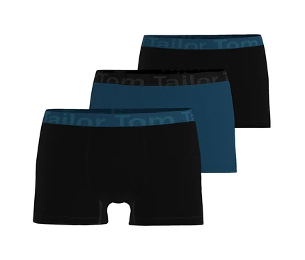 Tri boxerky Tom Tailor »Buffer«, dvoje čierne a jedny tmavomodré, naukladané na sebe s logom Tom Tailor na páse.