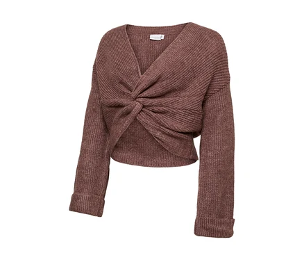 Mauve, skrátený pletený top MAMALICIOUS SVALA s výstrihom do V a prekríženým uzlom vpredu.