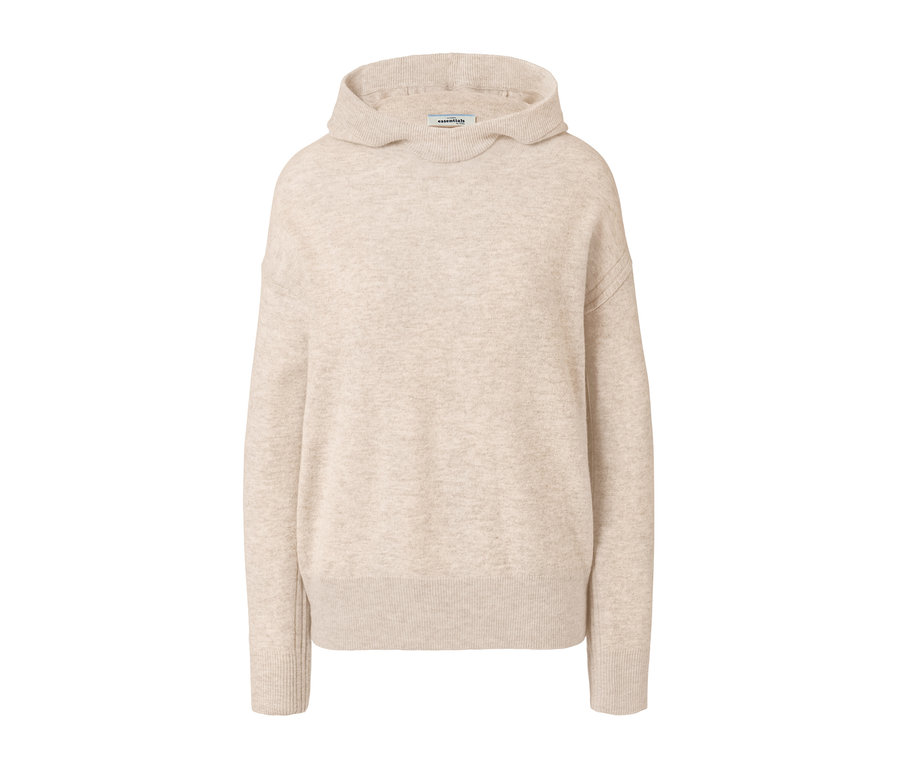 Béžový pulóver z jemnej pleteniny s kapucňou.