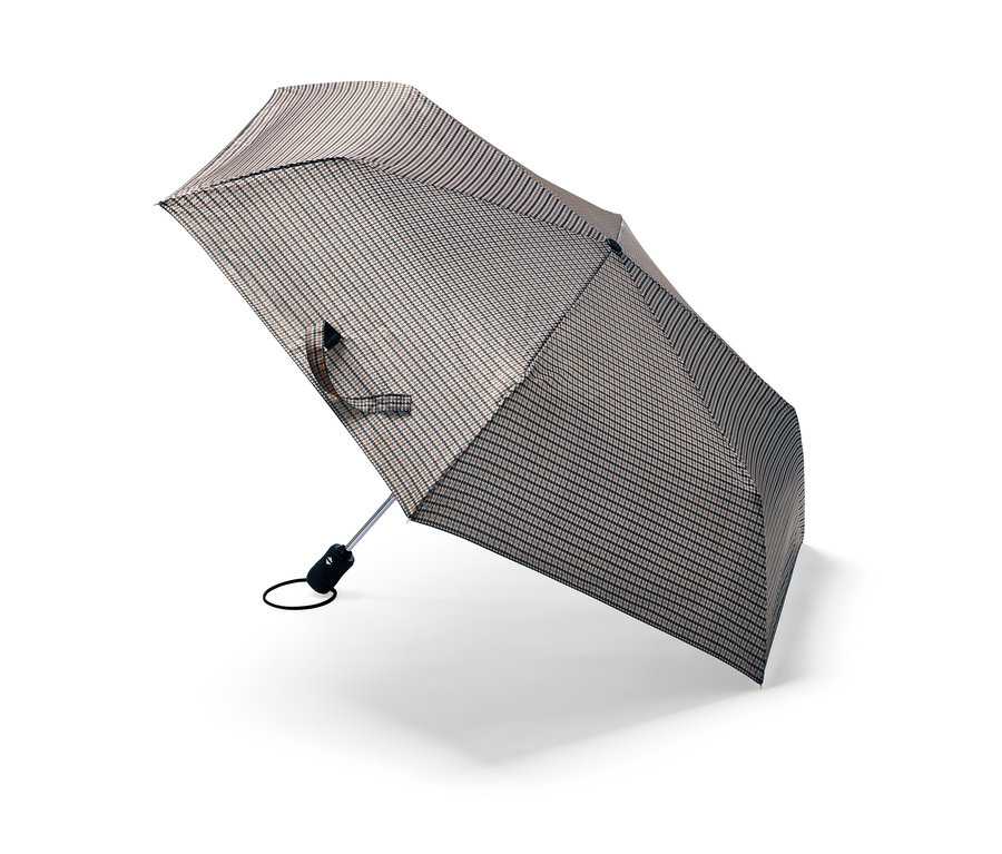 Otvorený automatický skladací dáždnik so vzorom kohútej stopy.