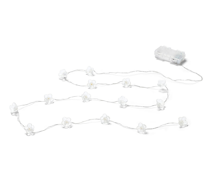 Svetelná reťaz s MICRO LED diódami, kvety na bielom pozadí.