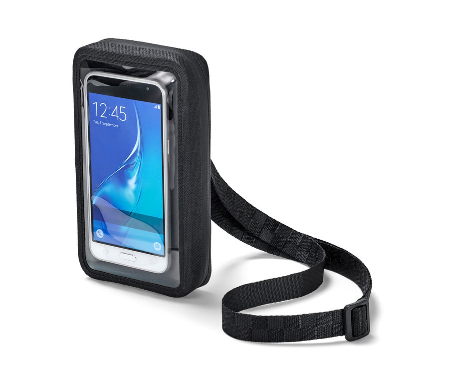 Čierne puzdro 2 v 1 na smartfón s priehľadnou prednou stranou a popruhom na rameno.