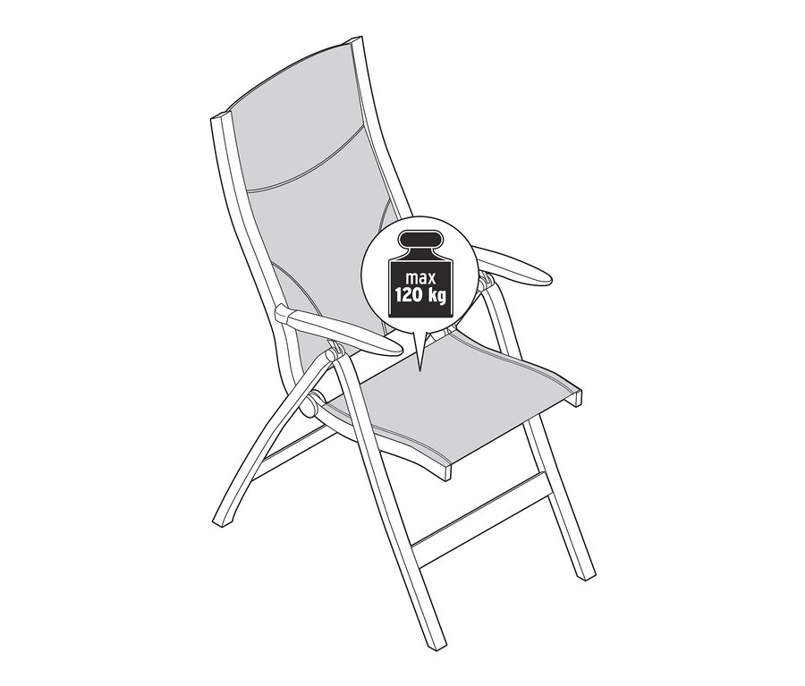 Ilustrácia záhradného kresla s nastaviteľným vysokým operadlom.