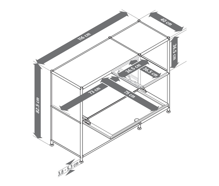 Nákres bielej kovovej odkladacej skrinky »CN3« s 2 výklopnými priehradkami a rozmermi.