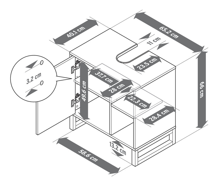 Nákres umývadlovej skrinky s dvierkami a bočnou priehradkou s príslušnými rozmermi.
