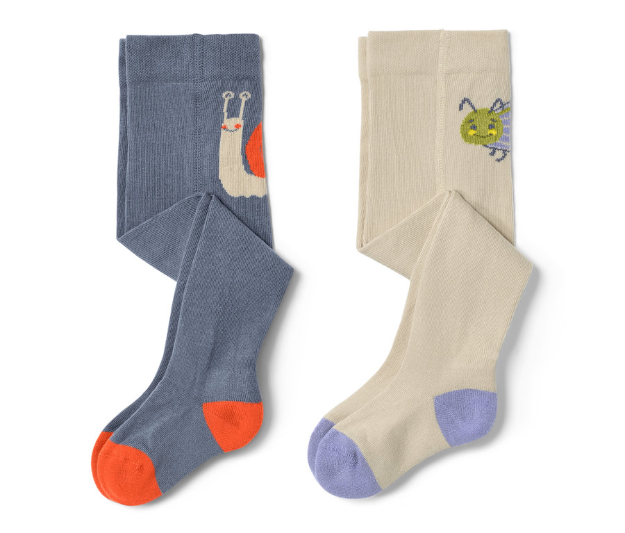 Dvoje dojčenské a detské pančuchové nohavice s motívom slimáka a chrobáka.