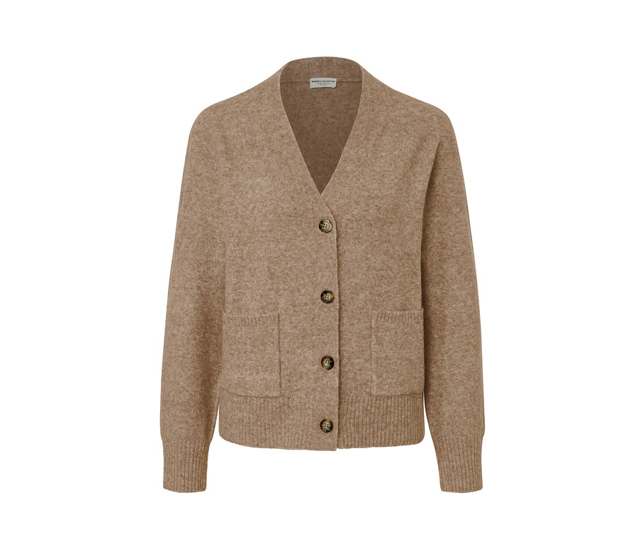 Svetlohnedý pletený sveter s vlnou, gombíkmi a vreckami.