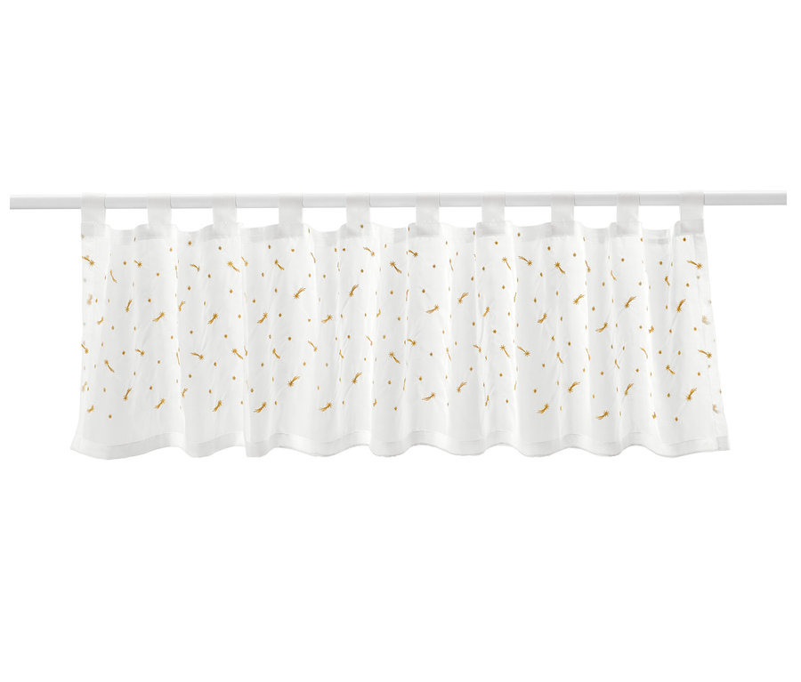 Biela bistro záclonka s výšivkou zlatých padajúcich hviezd