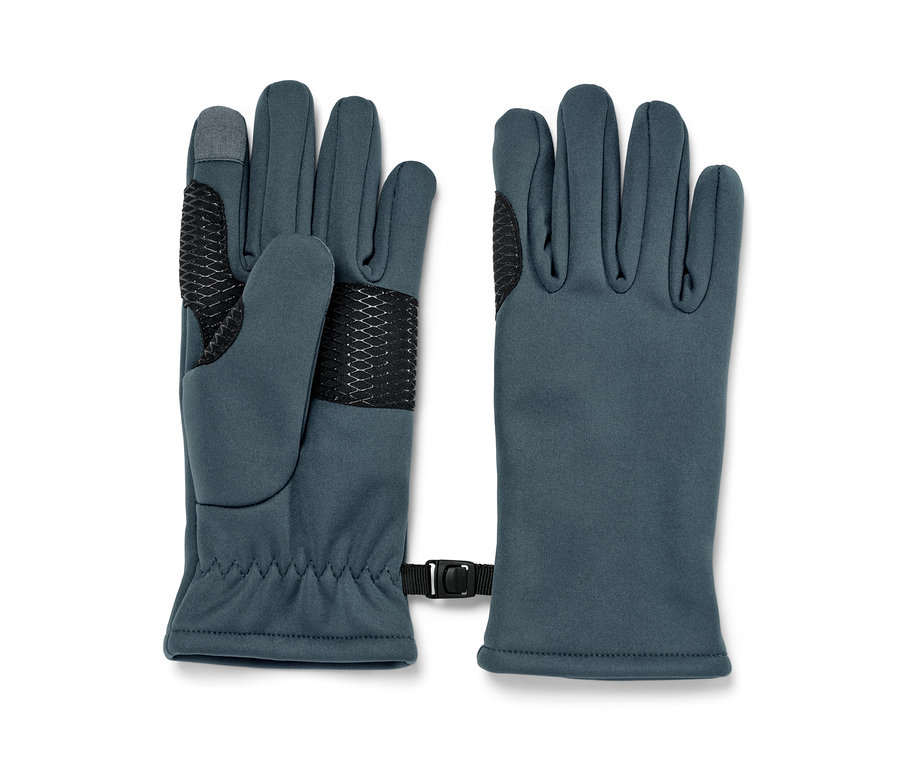 Dvoje detské softshellové rukavice v sivej farbe ležia vedľa seba.