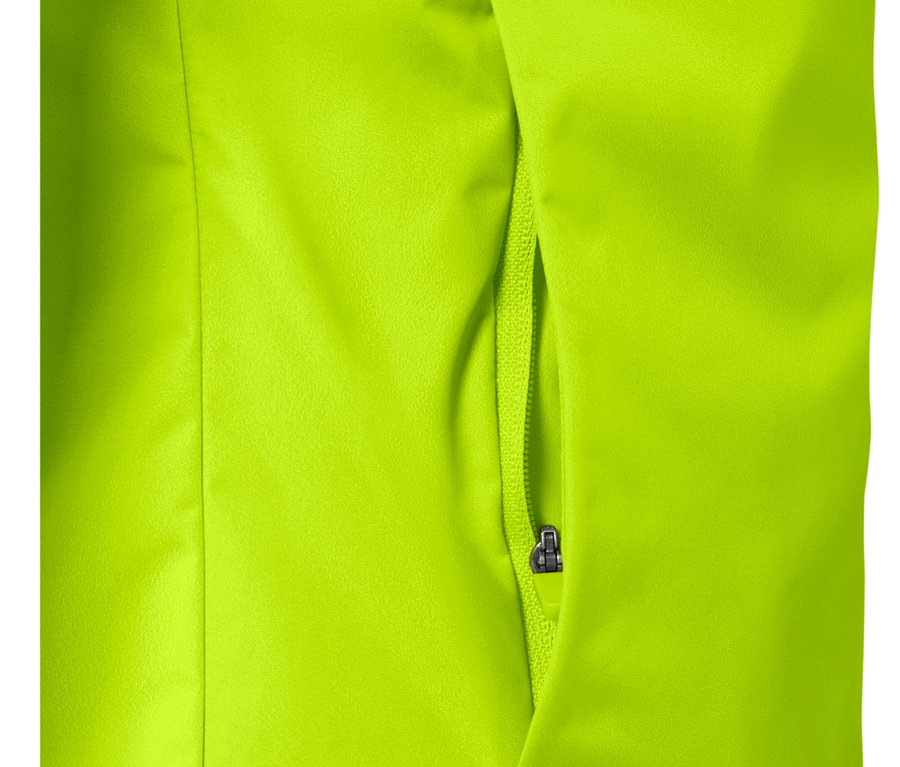 Detail neónovo limetkovej vetruvzdornej bežeckej bundy s vreckom na zips.