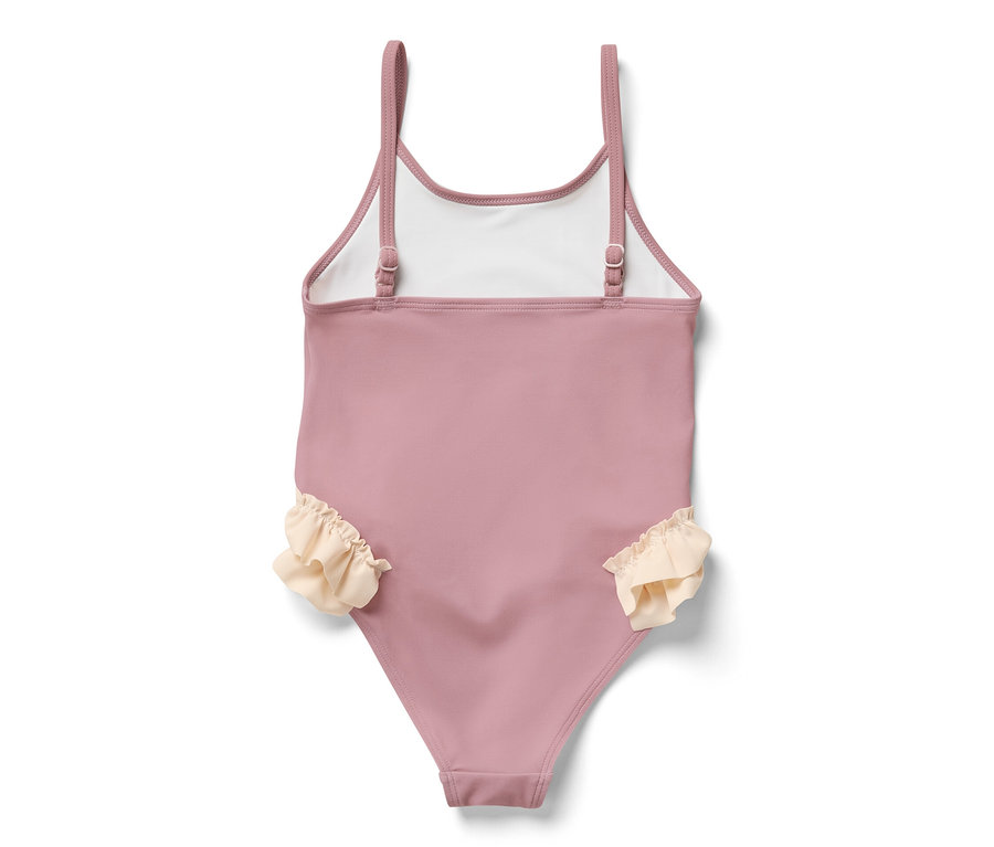 Ružové detské jednodielne plavky s volánikmi na bielom pozadí.