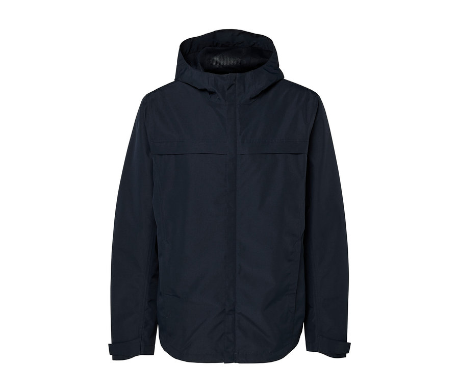 Tmavomodrá funkčná parka s kapucňou.