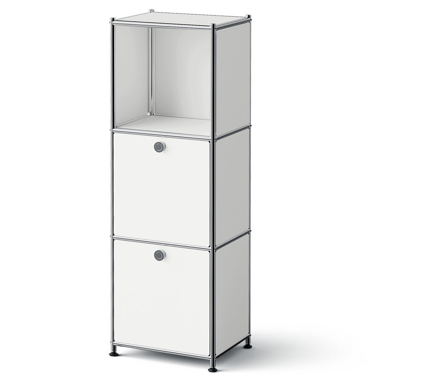 Biely modulárny úložný systém s dvomi zásuvkami a otvorenou hornou priehradkou.